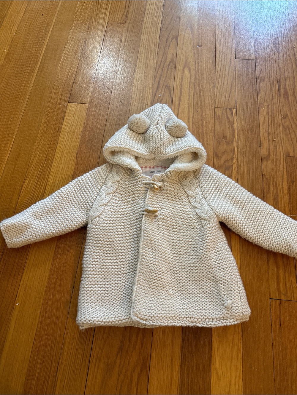 Zara Cream Knit Hooded Toggle Coat with Ear Pom Details